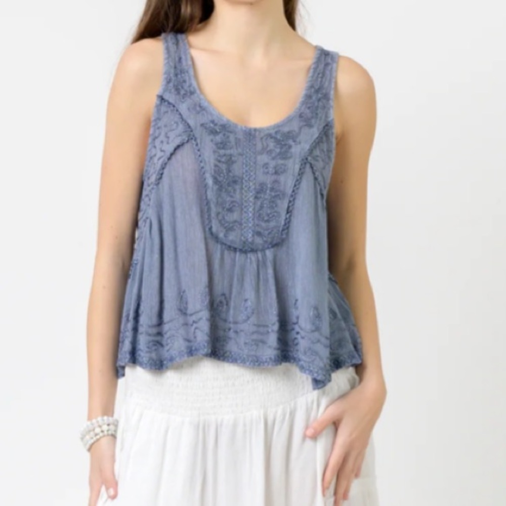 Washed Indigo Embroidered Tank Camisole - Brand